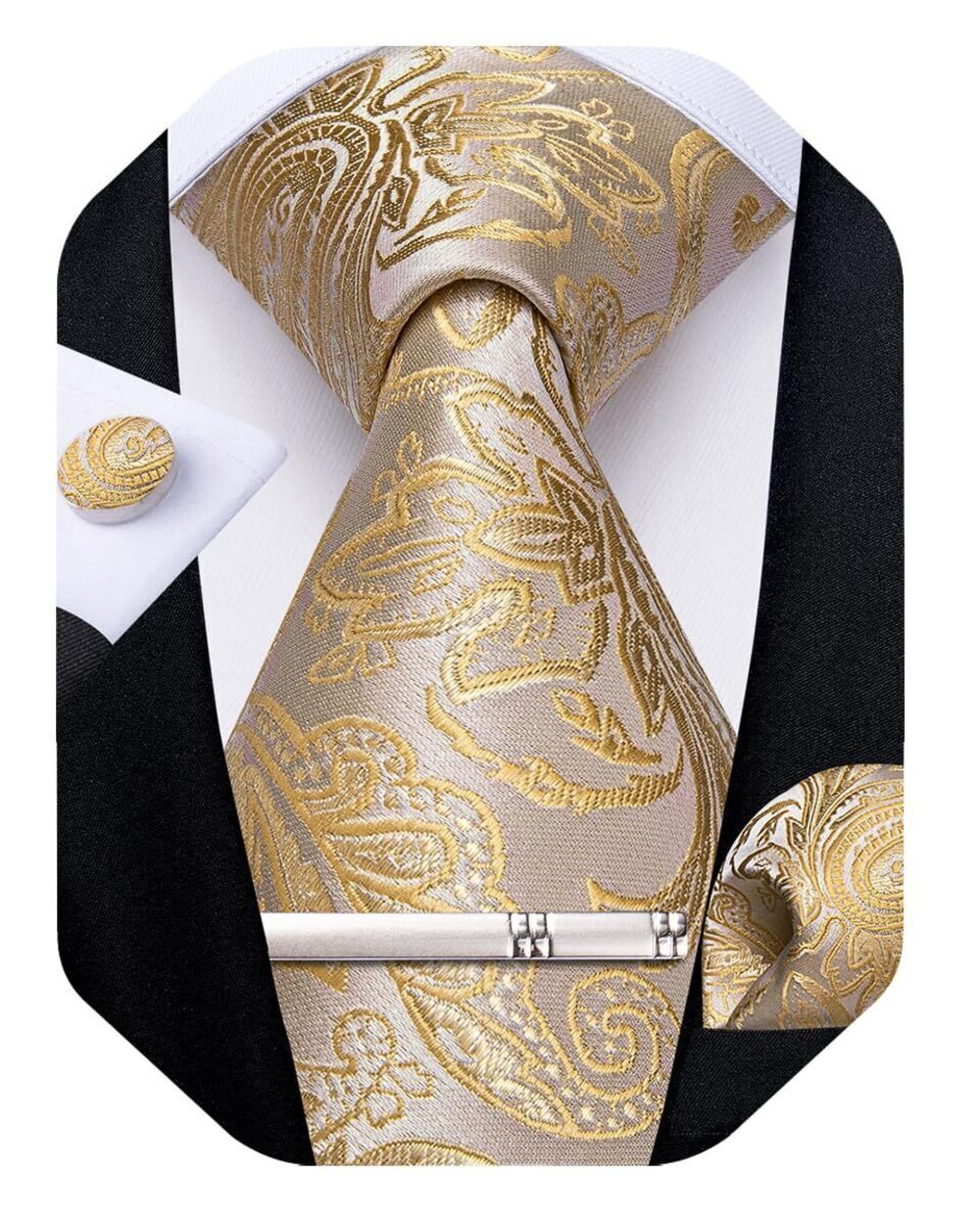 5042 Silk Floral Ties Woven Paisley Necktie and Tie Clip Handkerchief